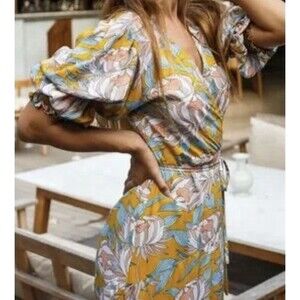 Elf Bali Women Size M Set Sail Puff Sleeve Wrap Maxi Dress Boho Floral Feminine